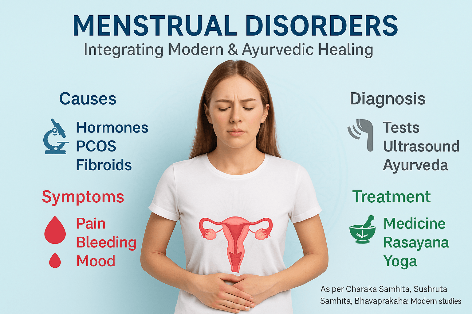 Photorealistic infographic on menstrual disorders featuring a young woman with a uterus illustration on her abdomen, highlighting causes, symptoms, diagnosis, and Ayurvedic plus modern treatments.