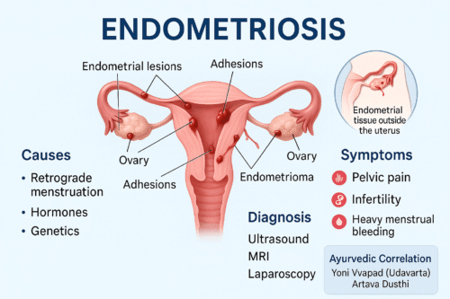 Infographic on endometriosis showing uterus, ovaries, and fallopian tubes with endometrial lesions and adhesions. Includes causes, symptoms, diagnosis, and Ayurvedic correlation.