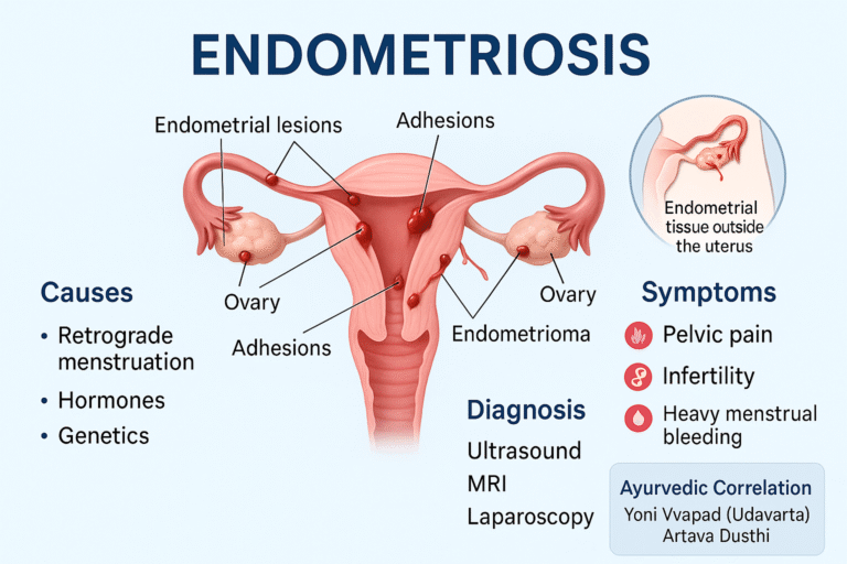 Infographic on endometriosis showing uterus, ovaries, and fallopian tubes with endometrial lesions and adhesions. Includes causes, symptoms, diagnosis, and Ayurvedic correlation.