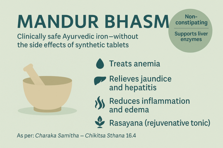 Mandur Bhasma benefits in iron deficiency anemia, liver cirrhosis, chronic fatigue, and gut inflammation – Ayurvedic iron supplement visual guide.