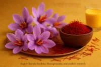 Home 25 Saffron flowers with red stigmas, dried saffron threads in a wooden bowl, copper plate, and saffron milk on a golden background, symbolizing ayurveda and purity.