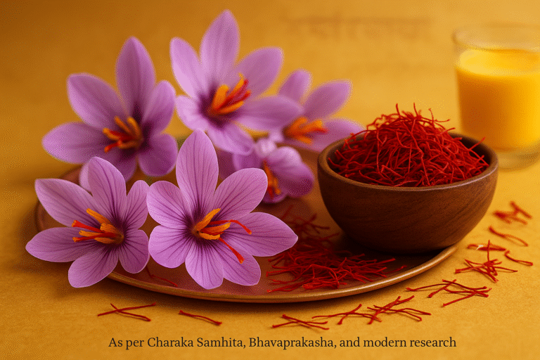 Saffron flowers with red stigmas, dried saffron threads in a wooden bowl, copper plate, and saffron milk on a golden background, symbolizing Ayurveda and purity.