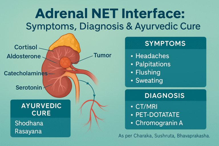 Diagram of adrenal neuroendocrine tumor (Adrenal NET) showing hormones secreted (cortisol, aldosterone, catecholamines, serotonin), associated symptoms (headaches, palpitations, flushing, sweating), diagnostic methods (CT/MRI, PET-DOTATATE, Chromogranin A), and Ayurvedic cure options (Shodhana, Rasayana), as referenced from Charaka, Sushruta, and Bhavaprakasha.