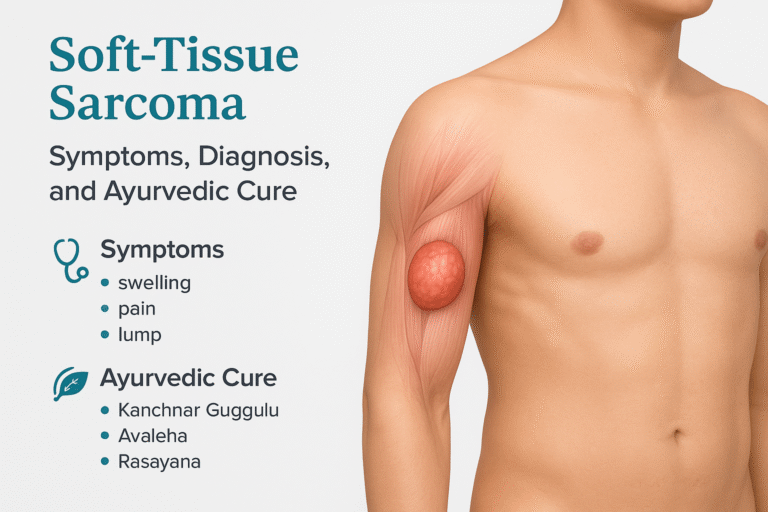 Medical infographic showing soft-tissue sarcoma in the arm with symptoms, diagnosis, and Ayurvedic cure.