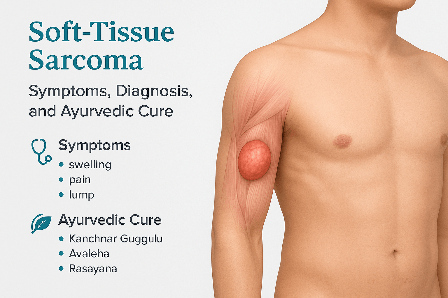 Medical infographic showing soft-tissue sarcoma in the arm with symptoms, diagnosis, and Ayurvedic cure.