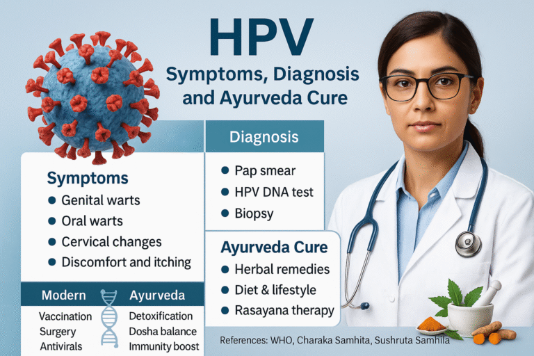 Photorealistic infographic of Human Papillomavirus (HPV) showing symptoms, diagnosis, and Ayurvedic cure with a doctor, virus model, and herbal remedies.