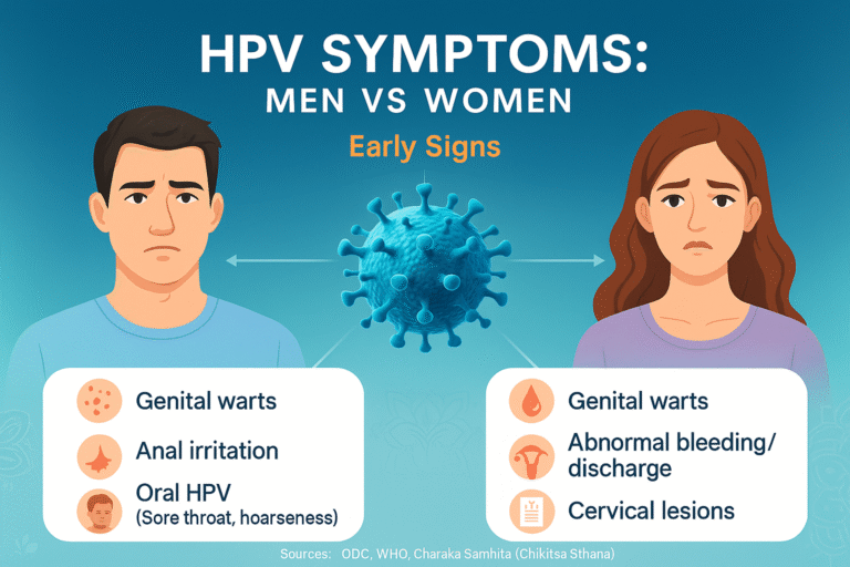 Infographic showing HPV symptoms in men and women with a central 3D virus illustration, highlighting genital warts, anal irritation, oral HPV, cervical lesions, and abnormal bleeding/discharge.