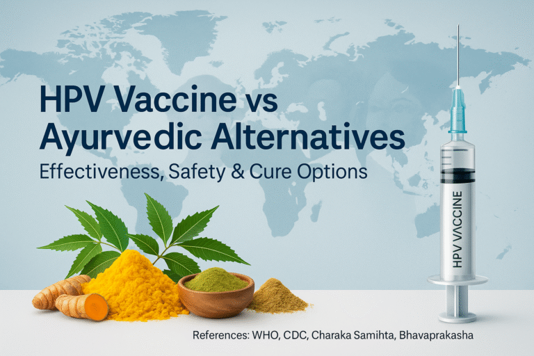 Photorealistic infographic comparing HPV vaccine and Ayurvedic alternatives with herbs, syringe, and global health backdrop.
