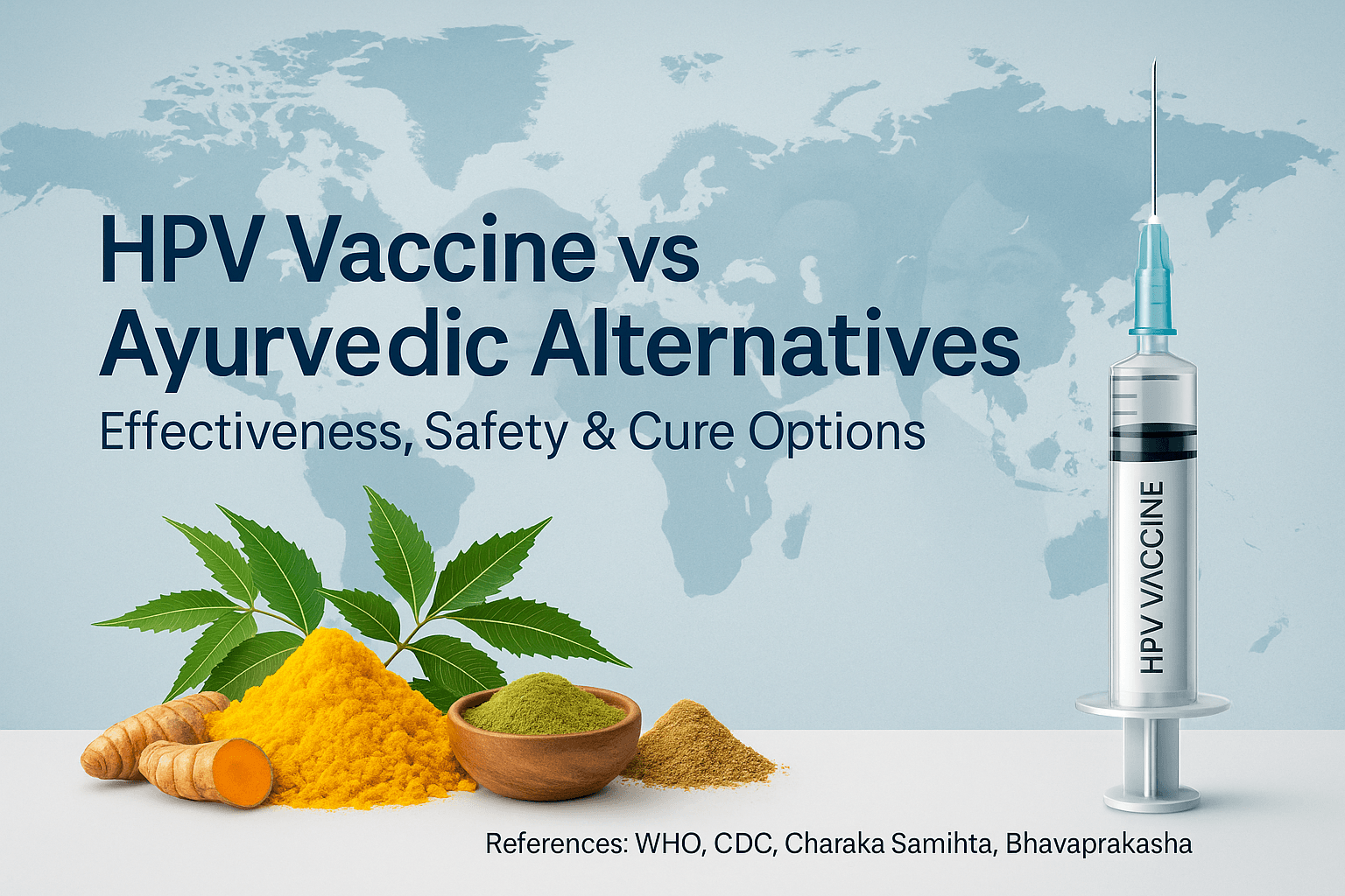 Photorealistic infographic comparing HPV vaccine and Ayurvedic alternatives with herbs, syringe, and global health backdrop.