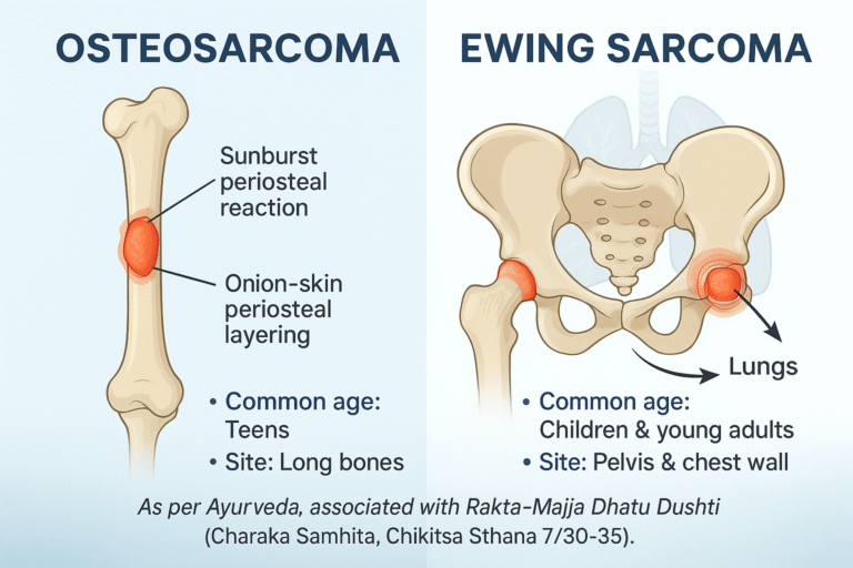 Medical infographic comparing osteosarcoma and Ewing sarcoma, showing tumor patterns in femur and pelvis with labels, metastasis arrows, and Ayurvedic reference.