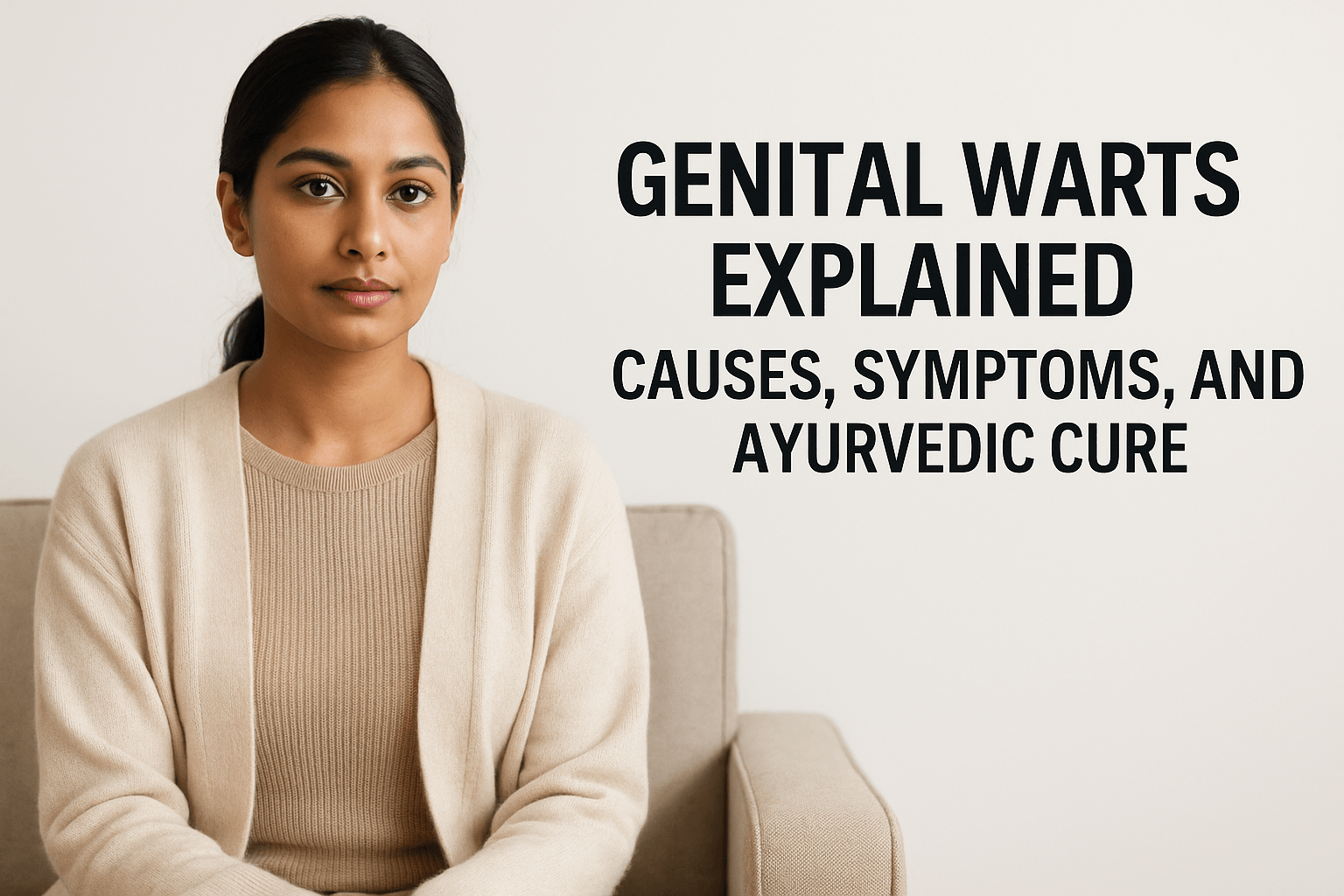 Young woman in a clinical setting with the title “Genital Warts Explained – Causes, Symptoms, and Ayurvedic Cure”