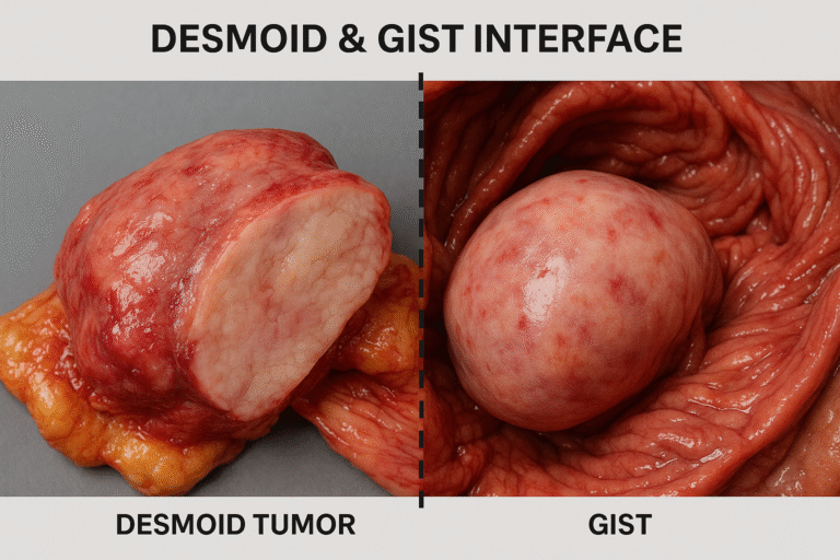 Photorealistic medical image comparing Desmoid tumor and GIST tumor inside the abdomen, showing structural differences and labeled interface