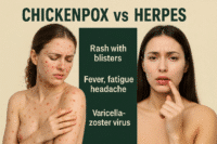 Photorealistic comparison of chickenpox and herpes symptoms in women showing blister rash and lip sores.
