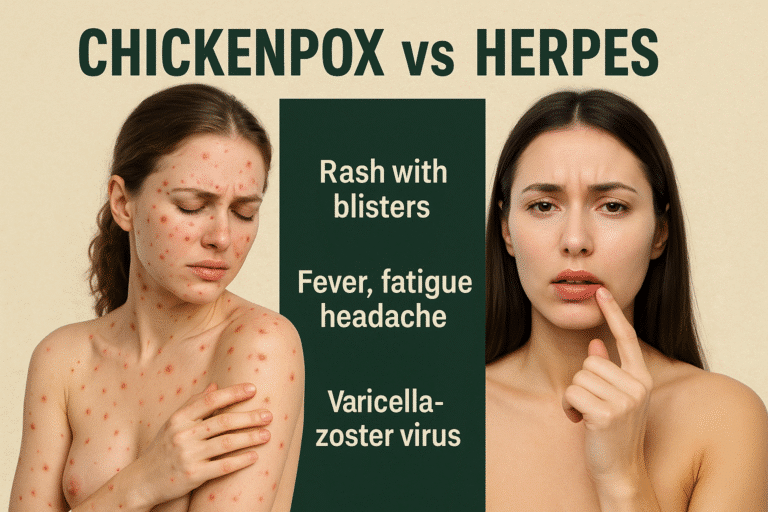 Photorealistic comparison of chickenpox and herpes symptoms in women showing blister rash and lip sores.