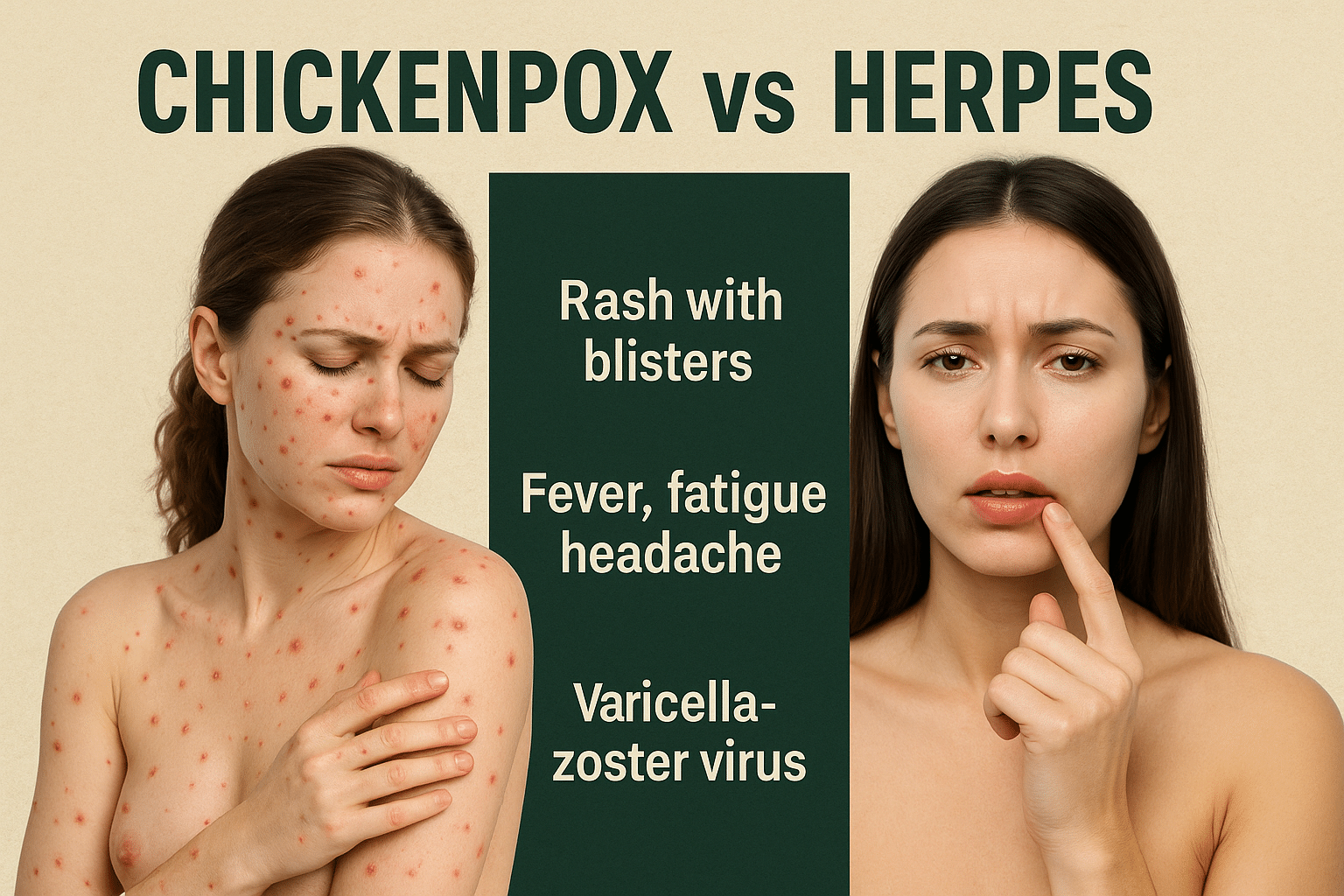Photorealistic comparison of chickenpox and herpes symptoms in women showing blister rash and lip sores.