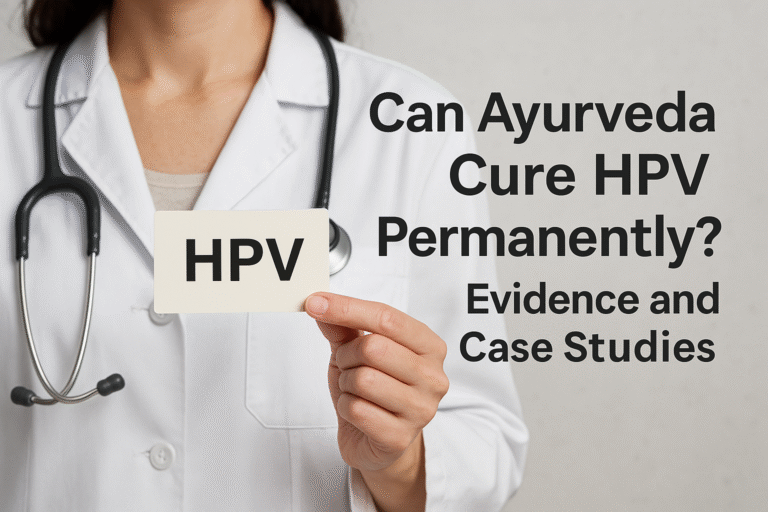 Doctor holding an HPV card with the text “Can Ayurveda Cure HPV Permanently? Evidence and Case Studies”