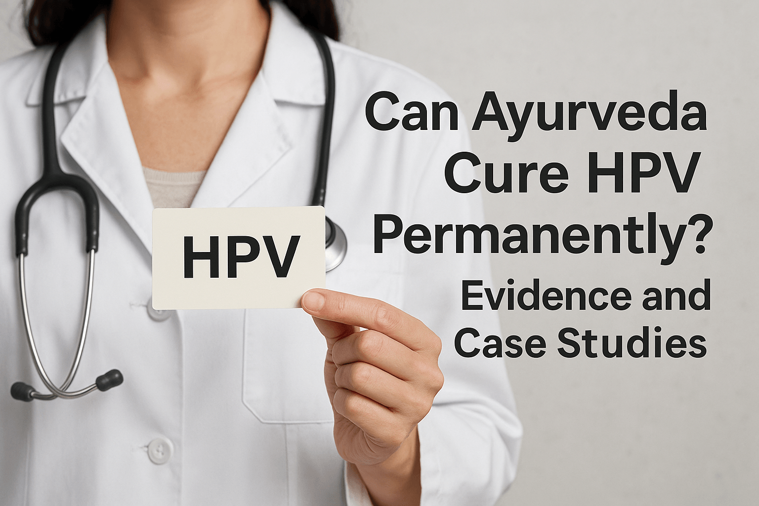 Doctor holding an HPV card with the text “Can Ayurveda Cure HPV Permanently? Evidence and Case Studies”