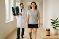 A woman confidently walking with a prosthetic leg after limb-salvage surgery, while a doctor reviews an X-ray in the background, with a Rasayana jar and plant symbolizing Ayurvedic healing.