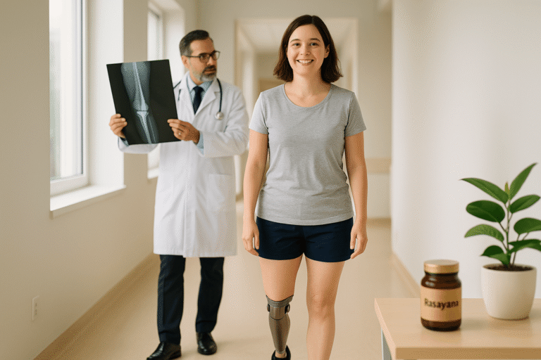 A woman confidently walking with a prosthetic leg after limb-salvage surgery, while a doctor reviews an X-ray in the background, with a Rasayana jar and plant symbolizing Ayurvedic healing.