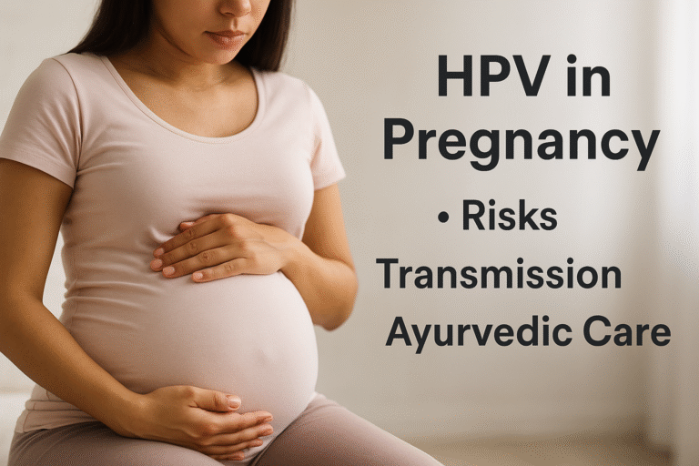 Pregnant woman holding belly with text highlighting HPV in pregnancy risks, transmission, and Ayurvedic care