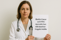 Female doctor holding a sign about bladder cancer and UTUC Ayurvedic cure with Kanchnar Guggulu Avaleha