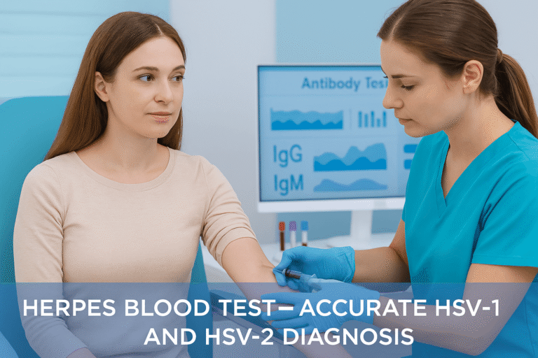 Caucasian woman undergoing a herpes blood test in a modern clinic, nurse drawing blood with syringe