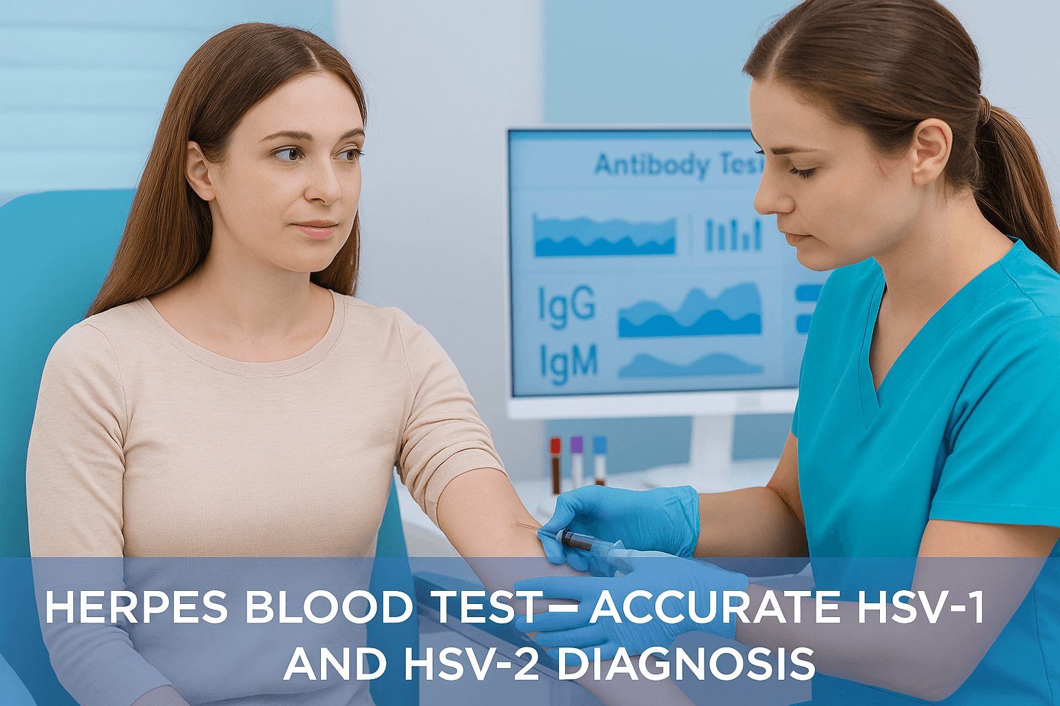 Caucasian woman undergoing a herpes blood test in a modern clinic, nurse drawing blood with syringe