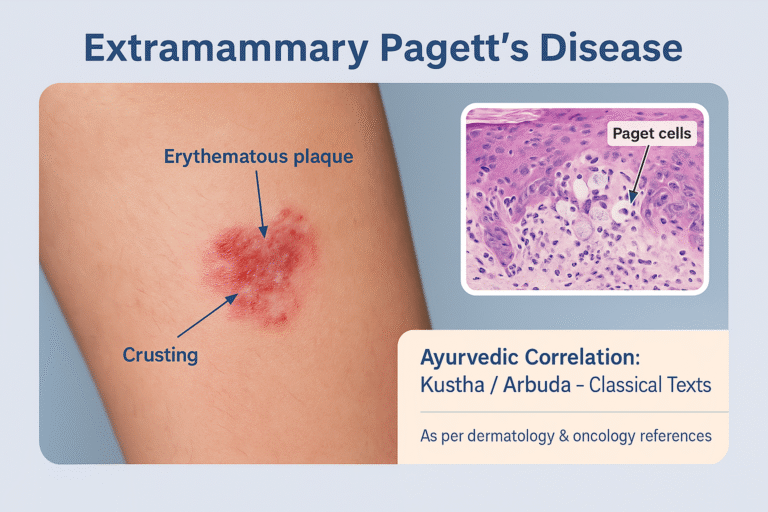 Photorealistic medical infographic of Extramammary Paget’s Disease showing a red, scaly plaque lesion with crusting, histology inset of Paget cells, and Ayurvedic correlation.