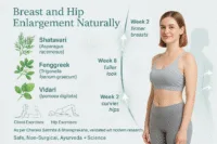 Home 24 Ayurvedic clinical infographic showing natural breast and hip enlargement timeline with shatavari, fenugreek, vidari herbs, yoga, and massage