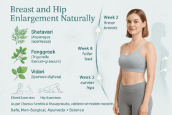 Home 30 Ayurvedic clinical infographic showing natural breast and hip enlargement timeline with shatavari, fenugreek, vidari herbs, yoga, and massage