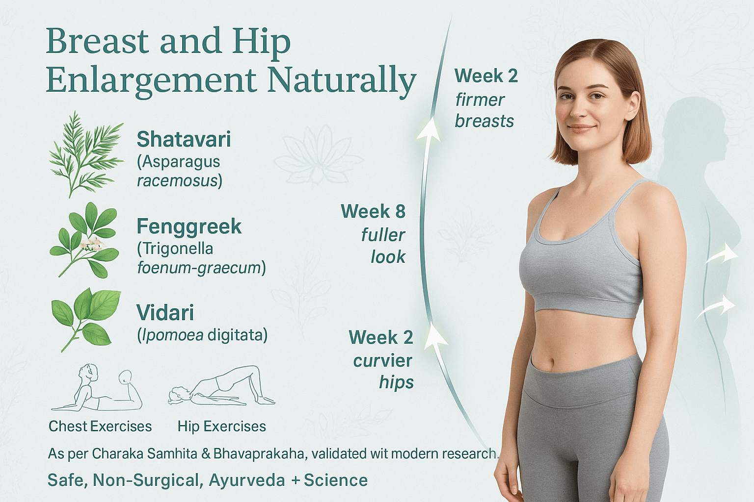 Ayurvedic clinical infographic showing natural breast and hip enlargement timeline with Shatavari, Fenugreek, Vidari herbs, yoga, and massage