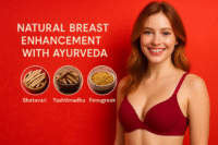 A confident white woman smiling naturally in an Ayurvedic advertisement for natural breast enlargement, with Shatavari, Yashtimadhu, and Fenugreek herbs displayed beside her against a vibrant red background symbolizing vitality and feminine energy.