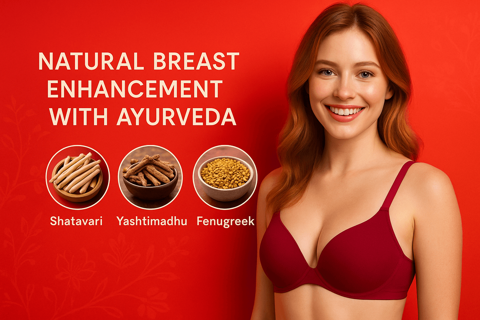 A confident white woman smiling naturally in an Ayurvedic advertisement for natural breast enlargement, with Shatavari, Yashtimadhu, and Fenugreek herbs displayed beside her against a vibrant red background symbolizing vitality and feminine energy.