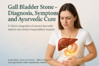 A photorealistic medical image showing a fair-skinned woman with mild upper abdominal pain and a transparent view of the liver and gall bladder with small stones, representing Ayurvedic and modern perspectives on gall bladder stone diagnosis and treatment.