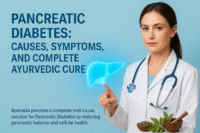 Photorealistic image of a female doctor explaining Pancreatic Diabetes (Type 3c Diabetes) in a cool medical blue background, showing a glowing cyan pancreas and Ayurvedic herbs symbolizing integrative healing.