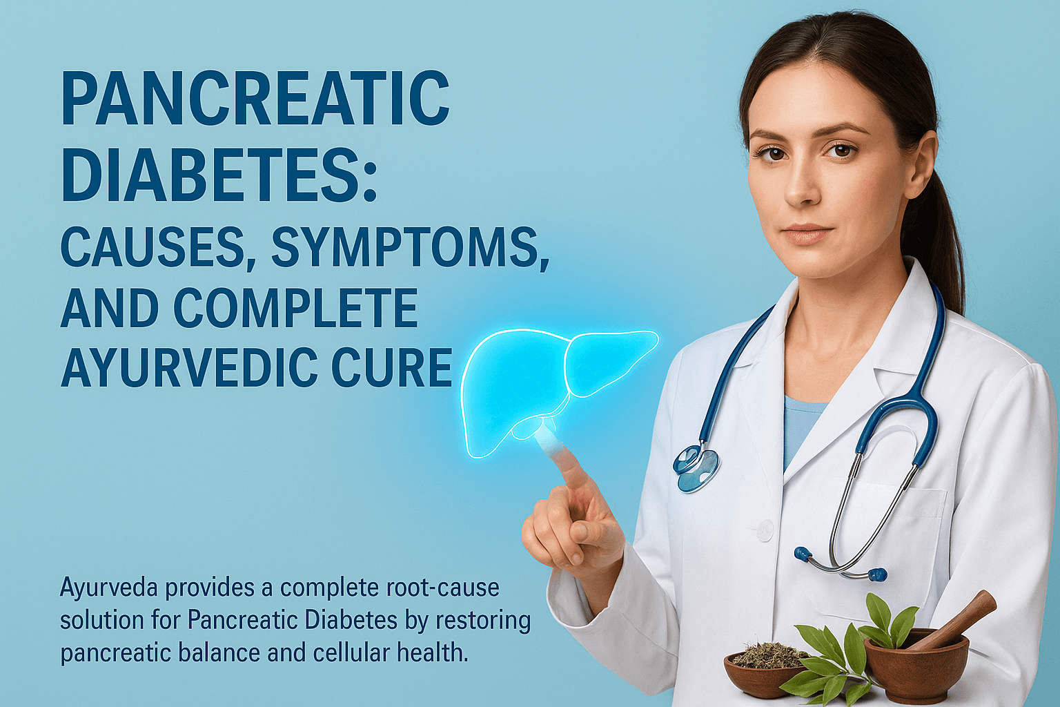 Photorealistic image of a female doctor explaining Pancreatic Diabetes (Type 3c Diabetes) in a cool medical blue background, showing a glowing cyan pancreas and Ayurvedic herbs symbolizing integrative healing.