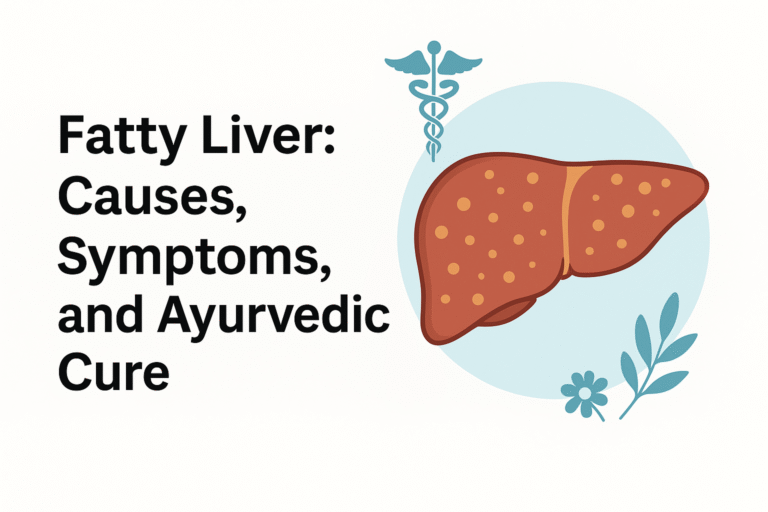 Illustration of human liver with fatty deposits and Ayurvedic herbs, representing healing from fatty liver through Ayurveda.