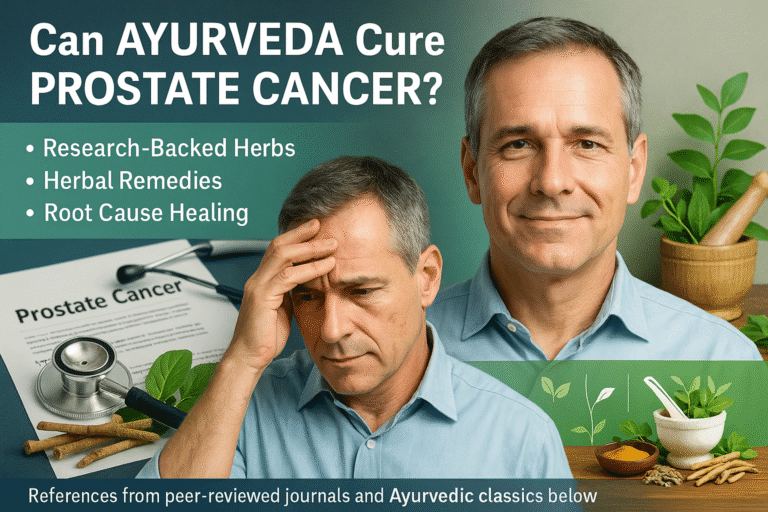 Middle-aged man showing concern and hope, with visual elements of Ayurvedic herbs, mortar and pestle, and a medical report labeled “Prostate Cancer,” highlighting research-backed herbal remedies for prostate cancer through Ayurveda.