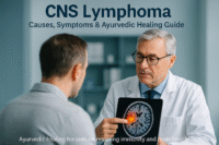 Neurologist reviewing brain MRI scan with patient; CNS lymphoma consultation and Ayurvedic supportive care concept.