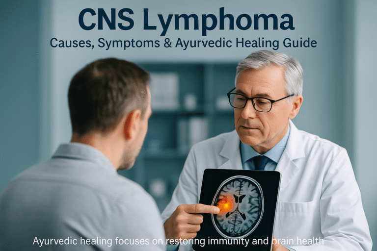 Neurologist reviewing brain MRI scan with patient; CNS lymphoma consultation and Ayurvedic supportive care concept.