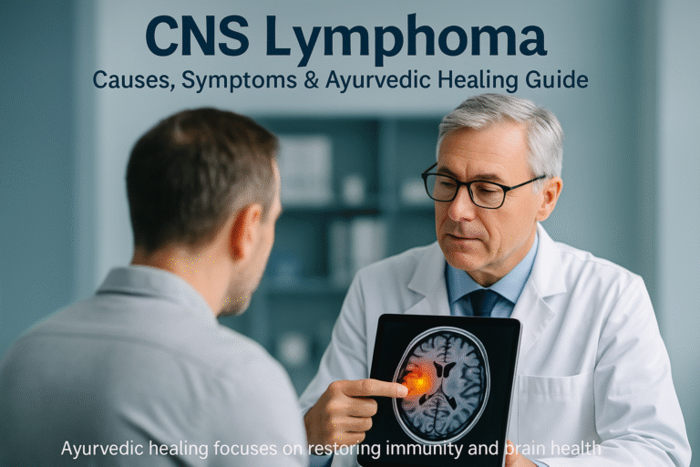 Neurologist reviewing brain MRI scan with patient; CNS lymphoma consultation and Ayurvedic supportive care concept.