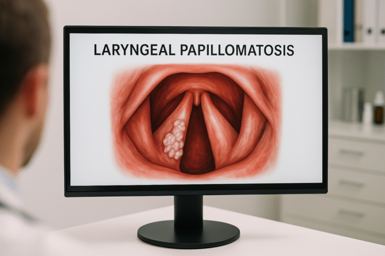 A digital medical illustration showing wart-like papilloma growths on the vocal cords, representing Laryngeal Papillomatosis, used in the article Laryngeal Papillomatosis: Symptoms, Diagnosis and Ayurvedic Cure.