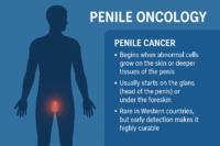 Clinical infographic showing a male silhouette with highlighted pelvic region, explaining what penile cancer is, where it usually begins, and its early detection importance for Western patients