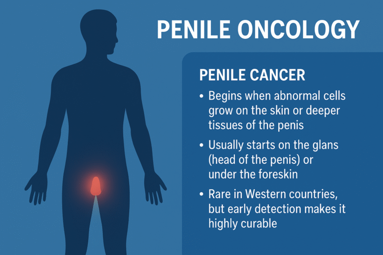 Clinical infographic showing a male silhouette with highlighted pelvic region, explaining what penile cancer is, where it usually begins, and its early detection importance for Western patients