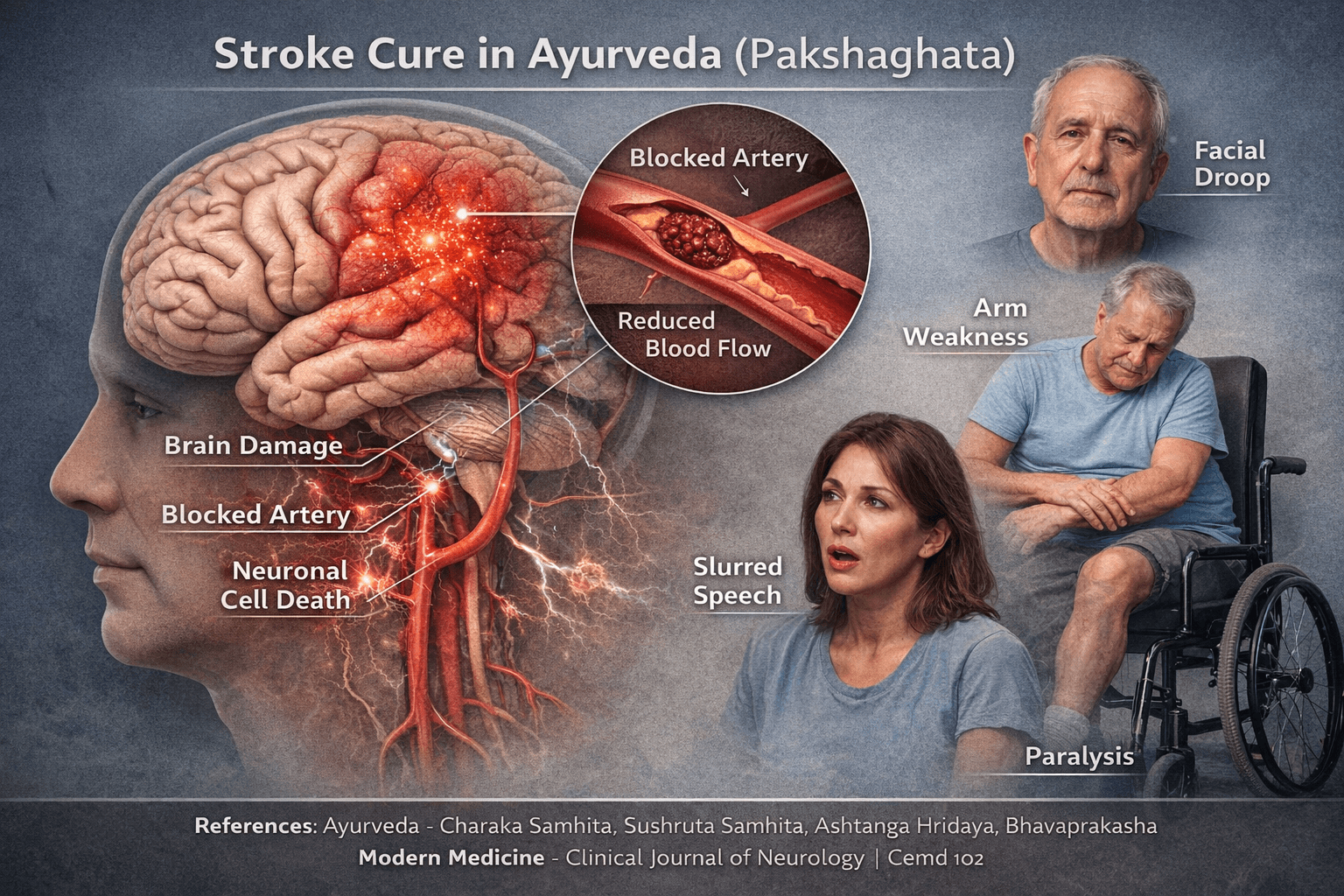 Stroke cure in Ayurveda showing Pakshaghata with blocked brain artery reduced blood flow neuronal damage facial droop arm weakness speech difficulty and paralysis