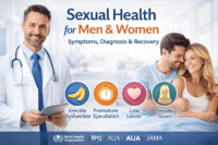 Sexual health awareness banner with a doctor and a smiling couple, highlighting erectile dysfunction, premature ejaculation, low libido, and female sexual issues.