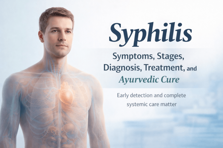 Illustration of a healthy adult male showing internal organs with educational focus on syphilis symptoms stages diagnosis treatment and Ayurvedic cure