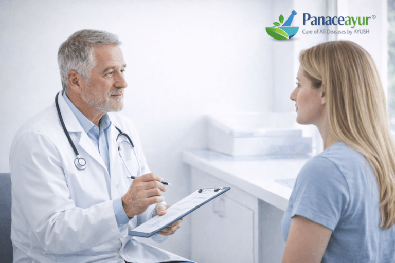 Doctor consulting a female patient in a clinic during herpes clinical assessment and personalized treatment evaluation.