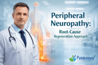 Peripheral neuropathy illustrated with a clinical doctor showing nerve damage and root-cause regeneration approach using integrative medicine