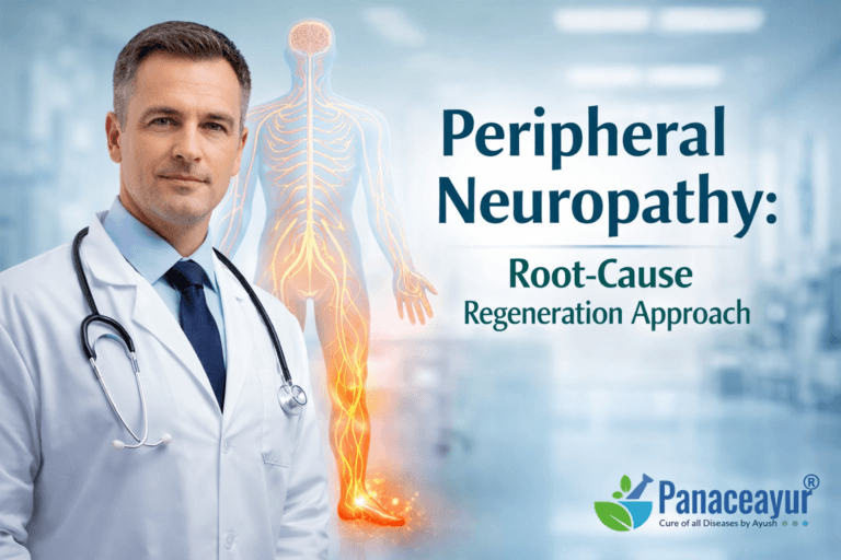 Peripheral neuropathy illustrated with a clinical doctor showing nerve damage and root-cause regeneration approach using integrative medicine